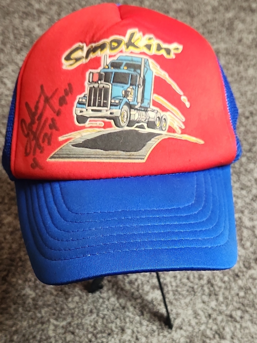 Smokin Red and Blue Trucker Hat with Truck Graphic Signed Vintage